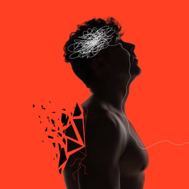 Depresyon, üzüntü, endişe verici duygular ve saplantılı düşüncelerden muzdarip bir adam. Zihinsel çöküntü. Çağdaş sanat kolajı. Psikoloji kavramı, akıl sağlığı, sürrealizm, duygular, iç dünya