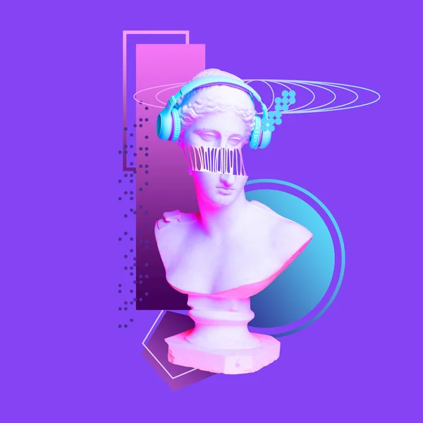 Техно Вібе Антична Статуя Бюст Навушниками Фіолетовому Фоні Сучасне Мистецтво — стокове фото