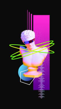 Disko, tekno parti. Eskimiş arka planda soyut unsurlarla süslenmiş eski bir heykel. Çağdaş sanat kolajı. Yaratıcılık kavramı, ilham, parti, müzik, sanat ve hayal gücü