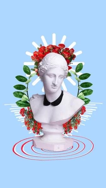 優雅さと女性らしさ パステルブルーの背景にバラの花とアンティークの像バスト 現代美術のコラージュ 創造性 インスピレーション パーティー 想像力の概念 — ストック写真