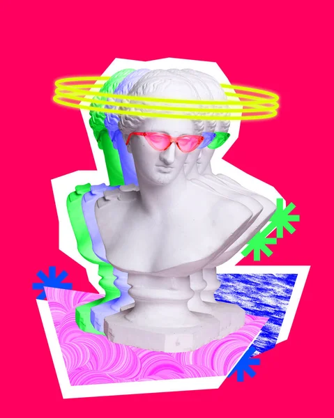 古董雕像 戴着太阳镜 衬托着鲜明的粉色背景 带有抽象元素 Glitch 当代艺术拼贴 艺术和想象力的概念 — 图库照片