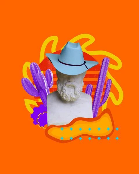 카우보이 스타일 오렌지 선인장으로 모자를 조상의 콜라주 창의성 상상력의 — 스톡 사진