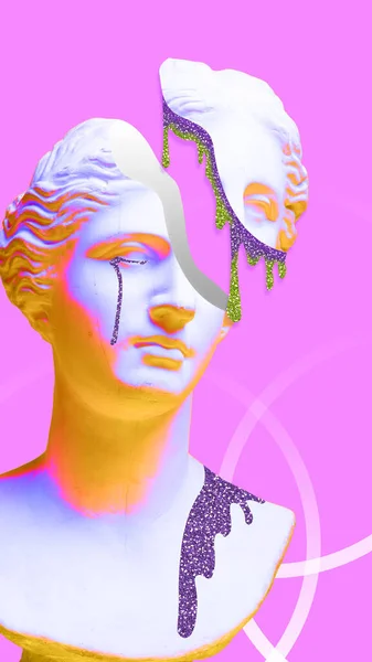 シュールレアリズム ピンクの背景に壊れた顔の部分を持つアンティークの像バスト 現代美術のコラージュ 創造性 インスピレーション パーティー 想像力の概念 創造的なデザイン — ストック写真