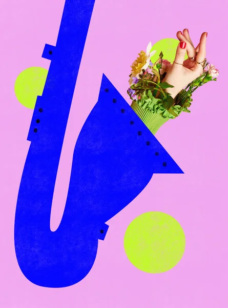 Kvetoucí Tón Ženská Ruka Vystrkující Trumpetu Krásné Zvuky Melodie Koláž — Stock fotografie