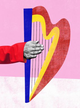 Pembe arka planda arp çalan bir kadın. Klasik enstrümanın hoş, yumuşak melodisi. Çağdaş sanat kolajı. Müzik, festival, parti, yaratıcılık, ilham. Ad