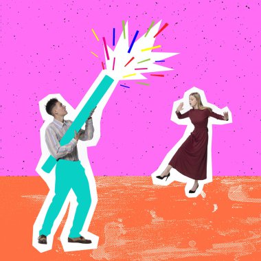 Genç kız ve erkek partiye katılıyor, eğleniyor, renkli arka planda dans ediyor. Çağdaş sanat kolajı. Boş zaman, parti, kutlama, ilham, iş, reklam kavramı. Yaratıcı tasarım
