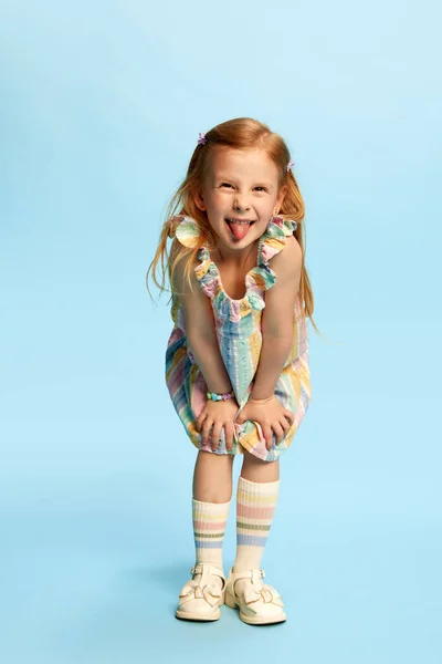 Full Length Portrait Little Joyful Pretty Girl Child Playing Posing — Stock Photo, Image