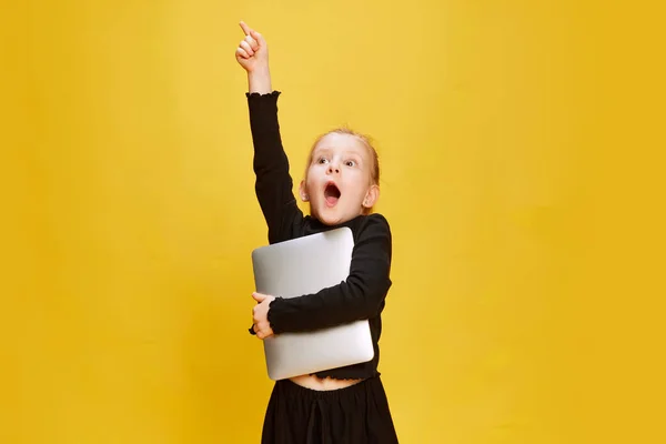 Portrait Smart Preschool Little Girl Child Posing Laptop Yellow Studio — Stock Photo, Image