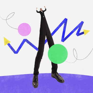 Genç ve hırslı bir adam, profesyonel ve kişisel başarıya ulaşan bir çalışan. Terfi ettim. Çağdaş sanat kolajı. İş, ofis, kariyer, yaratıcılık, büyüme kavramı