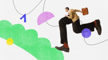 İş için koşan iş adamı, yeni fırsatlar, yeni stratejiler ve yenilikler geliştiren. Çağdaş sanat kolajı. İş, ofis, kariyer, yaratıcılık, kişisel ve mesleki büyüme kavramı