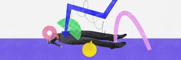 Businessman, employee feeling tired, lying on floor. Many tasks, deadlines and projects. Overworking and personal crisis. Contemporary art collage. Concept of business, office, career, creativity