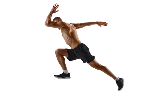 Leistungsstarker Motivierter Mann Professioneller Läufer Sportler Bewegung Trainingsshirt Vor Weißem — Stockfoto