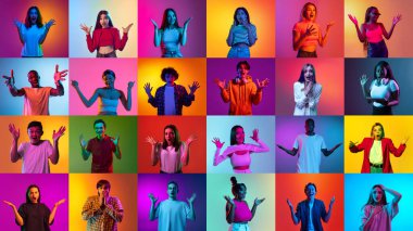 Farklı genç insanların portrelerinden oluşan kolaj, neon ışıkta çok renkli arka plan üzerine şok ve şaşkınlık duyguları gösteren kadın ve erkekler. Duygular, gençlik, yaşam tarzı, ifade kavramı. Ad