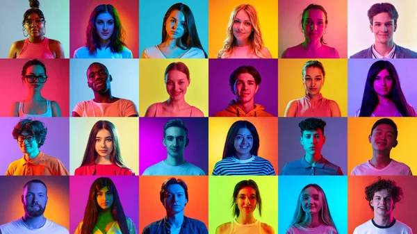 Kollázs Különböző Korú Nemű Fajú Fiatalok Portréi Akik Neonfényben Sokszínű — Stock Fotó