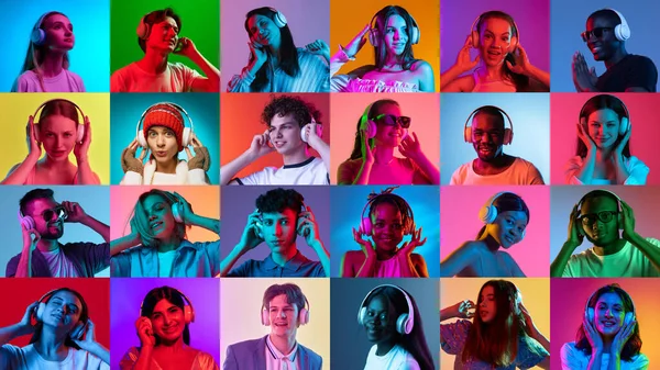 Farklı Gençlerin Portrelerinden Yapılmış Kolaj Kulaklıkla Müzik Dinleyen Erkek Kadın — Stok fotoğraf