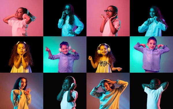 Collage Gjord Porträtt Vackra Barn Pojkar Och Flickor Som Lyssnar — Stockfoto