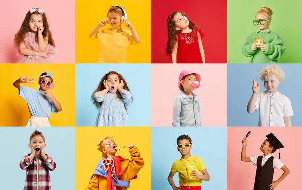Collage Made Portraits Cute Boys Girls Children Posing Diverse Emotions — Stock Photo, Image