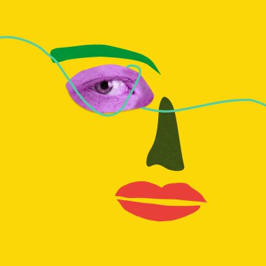 Şüphelerim var. Farklı insanlardan yapılmış yüz ifadeleri parçalarla karşılaşıyor. Çok ırklı insanların birleşimi. Çağdaş sanat kolajı. Çeşitlilik kavramı, kendini ifade etme, duygular. Canlı neon renkleri