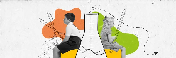 Laki Laki Dan Perempuan Kelas Kimia Kolase Seni Kontemporer Konsep — Stok Foto