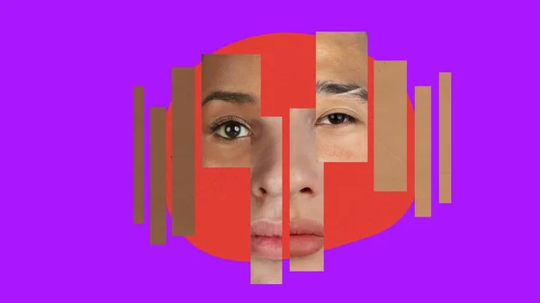 다양성 사람의 얼굴은 얼굴의 부분들로 이루어져 민족이 콜라주 감정의 — 스톡 사진