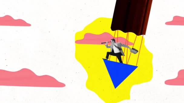 Egy Ember Felfedező Aki Hőlégballonon Repül Állj Animáció Oktatás Fogalma — Stock videók