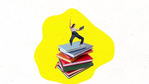 Exctited Girl Dancing Books Contemporary Art Collage Modern Design Concept — Wideo stockowe