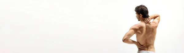 Горизонтальний Банер Портретом Сорочки Стоїть Спиною Камери Людина Відчуває Біль — стокове фото