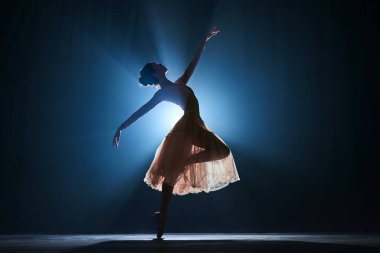 Çekici, sanatsal, yetenekli genç kız, klasik dans eden balerin, spot ışıklarıyla koyu mavi arka plana karşı gösteri. Sanat konsepti, klasik bale, yaratıcılık, koreografi, güzellik