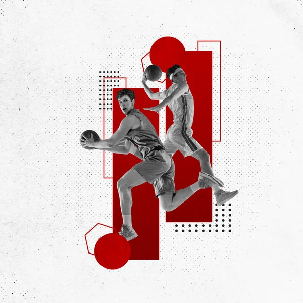 抽象的な背景のゲーム中に若い男性 バスケットボール選手 現代美術のコラージュ プロスポーツ トレーニング ゲーム アクティブライフスタイル 広告の概念 — ストック写真