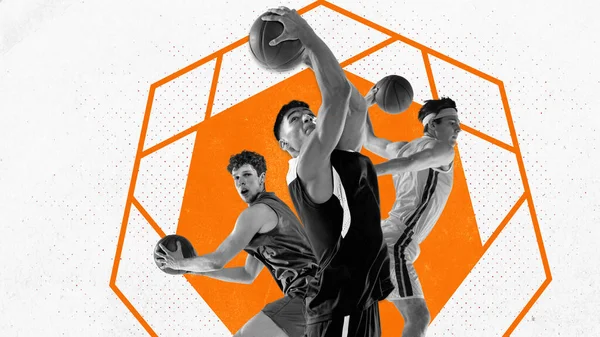 筋肉質で運動能力のある少年 試合中のバスケットボール選手 抽象的な背景でのトレーニング 現代美術のコラージュ プロスポーツ アクティブライフスタイル 広告の概念 — ストック写真