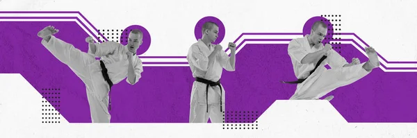 Jongeman Professionele Athelete Witte Kimono Karate Trainen Abstracte Achtergrond Hedendaagse — Stockfoto