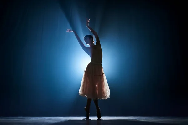 Elegant Graciös Smal Kvinnlig Dansare Ballerina Dansar Över Mörkblå Bakgrund — Stockfoto