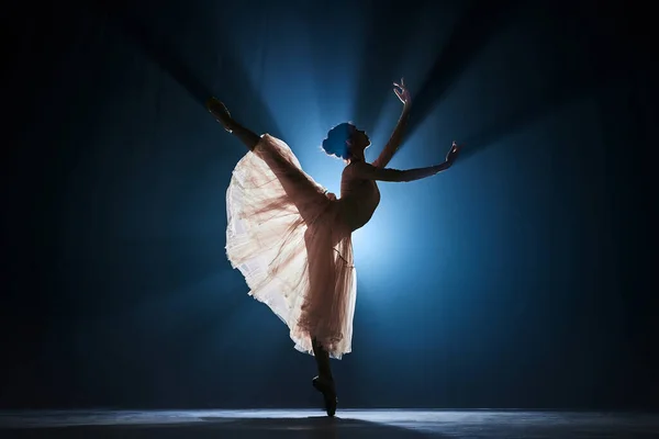 Elegant Smal Begåvad Flicka Kvinnlig Balett Dans Mot Mörkblå Bakgrund — Stockfoto