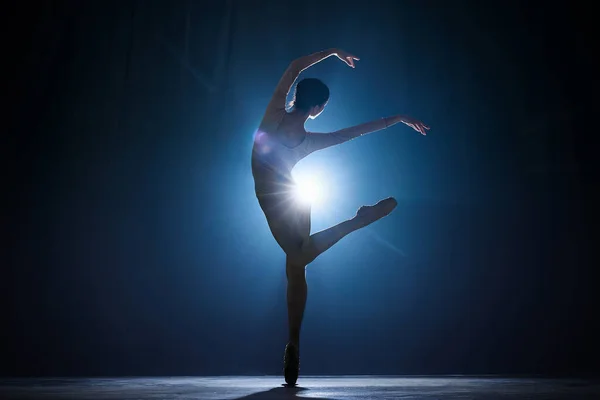 Silueta Mujer Tierna Elegante Talentosa Bailarina Ballet Actuando Escenario Sobre —  Fotos de Stock