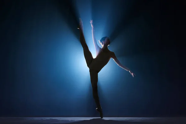 エレガントな若い女の子のエレガントなシルエット スポットライト付きダークブルーの背景に舞台上で踊るバレエダンサー 古典バレエ 創造性 美しさ 広告の概念 — ストック写真