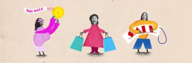 Mutlu genç bayan iyi alışveriş için büyük satışlar konusunda heyecanlı hissediyor. Çağdaş sanat kolajı. Satış kavramı, Kara Cuma, alışveriş, iş. Poster, reklam. Yaratıcı tasarım. Pankart