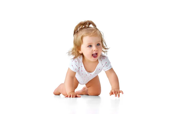 Schöne Kleine Kleine Mädchen Windeln Kriechen Auf Dem Boden Und — Stockfoto