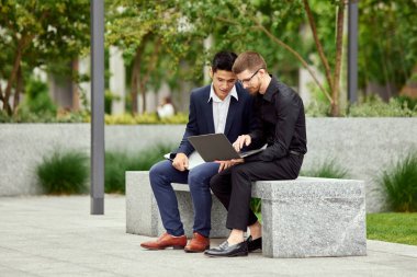 Resmi olarak iki işadamı dışarıda oturup dizüstü bilgisayara bakar ve projelerle çevrimiçi çalışır. Tartışma. İş kavramı, kariyer gelişimi, modern ofis, profesyonel meslek