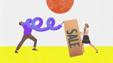 Çağdaş sanat kolajı. Genç bir kadın daha ucuza bir şeyler almaktan mutlu oluyor. Büyük alışveriş satışları. Alışveriş anlayışı, Kara Cuma, büyük satışlar, ürünler. İlan için boşluk kopyala, poster