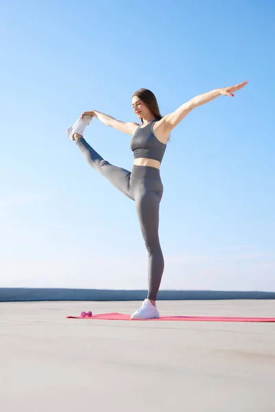 Giovane Flessibile Donna Sportiva Comodo Abbigliamento Sportivo Facendo Esercizi Stretching — Foto Stock