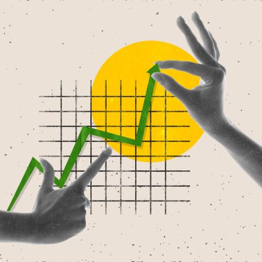 Çağdaş sanat kolajı. Profesyonel grafikler, finansal analizler gösteren bir kadın. Ok yukarı çıkıyor. Başarıya ulaşıyoruz. İş kavramı, ofis yaşam tarzı, kariyer gelişimi, büyüme, reklam