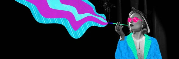 Contemporary Art Collage Elegant Woman Smoking Dark Background Colorful Doodles — Stock Photo, Image