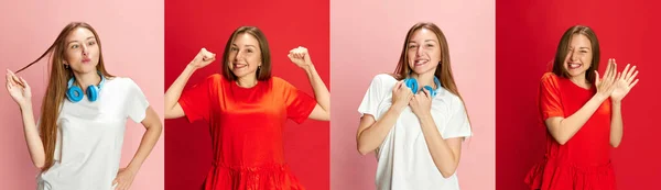 Collage Gjord Porträtt Ung Vacker Flicka Poserar Med Olika Känslor — Stockfoto
