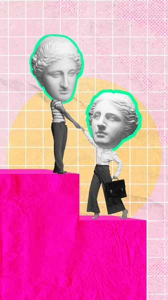 Hedendaagse Kunst Collage Mensen Met Antieke Standbeeld Buste Man Het — Stockfoto