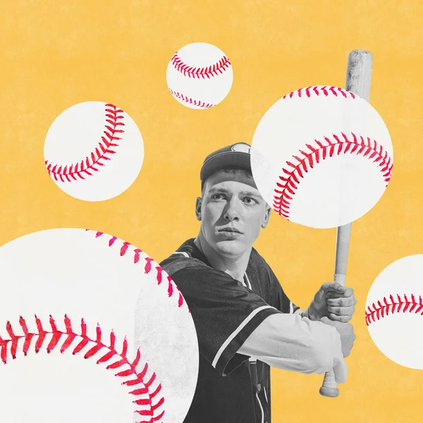 Collage Zeitgenössischer Kunst Junger Mann Professioneller Sportler Der Baseball Auf — Stockfoto