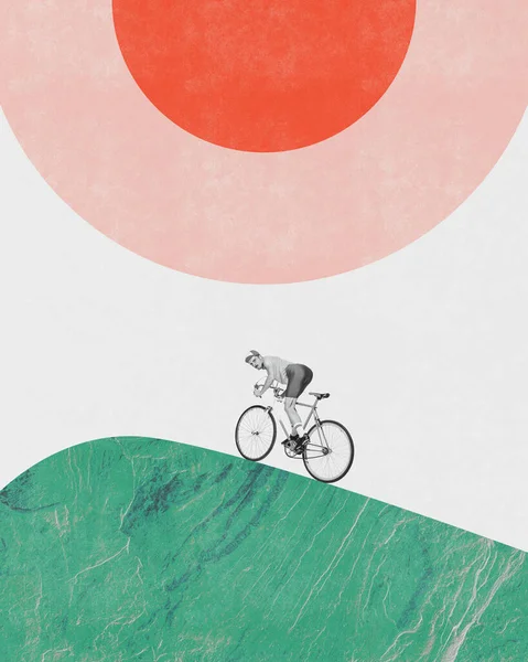 現代美術のコラージュ 若い男は 統一された自転車に乗ってサイクリスト レトロなデザイン 夏の趣味 コンセプトプロスポーツ 創造性 ゲーム バナー ポスター — ストック写真