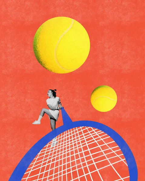Çağdaş Sanat Kolajı Genç Bir Kız Profesyonel Tenisçi Soyut Kırmızı — Stok fotoğraf
