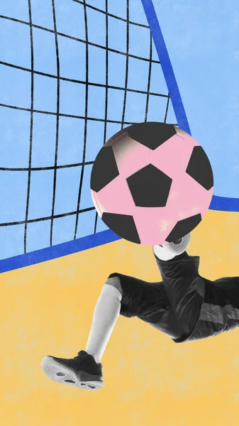 現代美術のコラージュ 男性の足 運動中のサッカー選手 ゲーム中にボールを打つ ゴールを狙え コンセプトプロスポーツ 創造性 ゲーム バナー ポスター — ストック写真