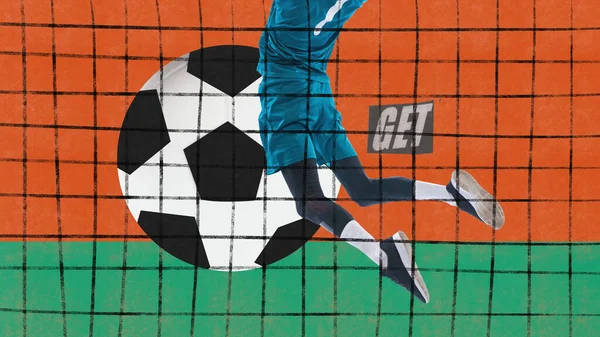 現代美術のコラージュ 男性の足 運動中のサッカー選手 試合中にボールを打つ スポーツ賭博だ コンセプトプロスポーツ 創造性 競争とゲーム バナー ポスター — ストック写真
