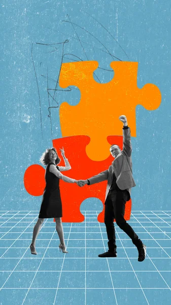 現代美術のコラージュ チームワークは成功だ 従業員 男と女がパズルを握手 一緒に成功に達する ビジネス パートナーシップ キャリア 広告の概念 — ストック写真